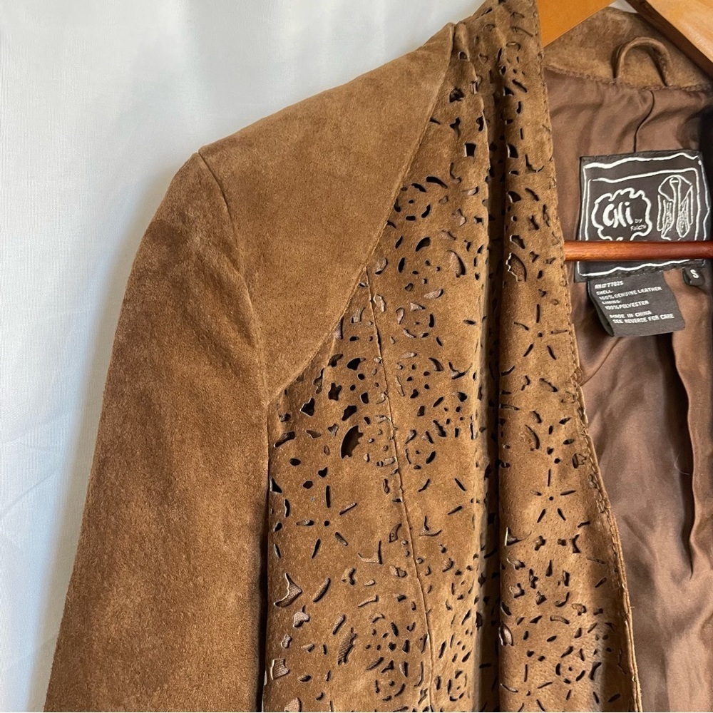 CHI BY FALCHI Women’s Brown Leather Jacket Open Front Cut Out Size Small - Picture 12 of 17